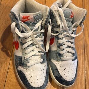 Denim and Red Nike dunks